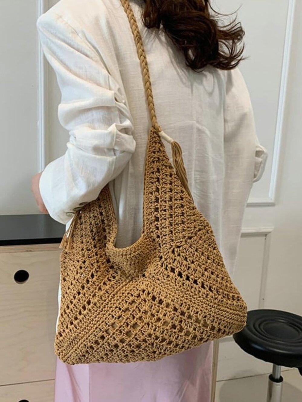 Boho Straw Bags for Women Large Woven Tote Bag Straw Beach Bag Shoulder Bags Pur - Picture 4 of 7